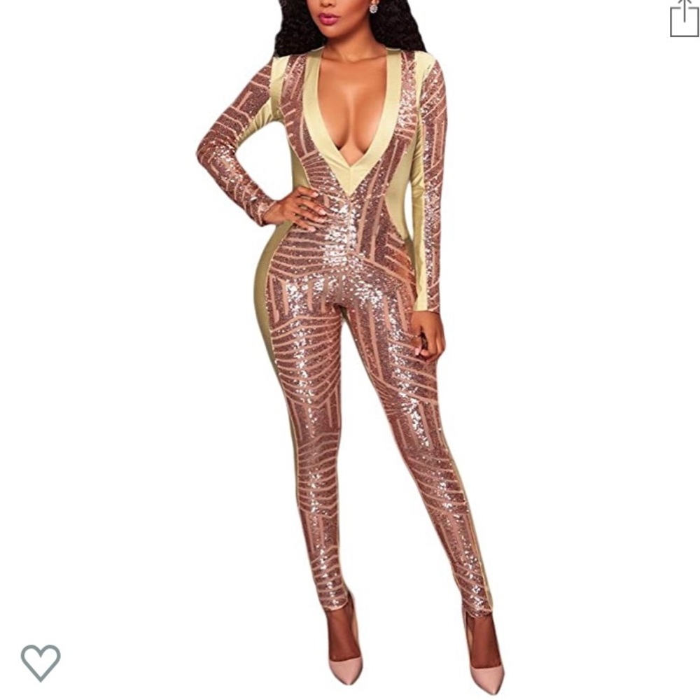 Sequin V-Neck Jumpsuit - Gold and Cream